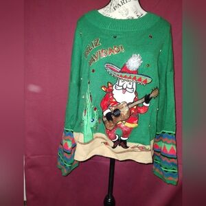 Green Christmas Sweater with Santa Design / Feliz Navidad... Size Extra Large